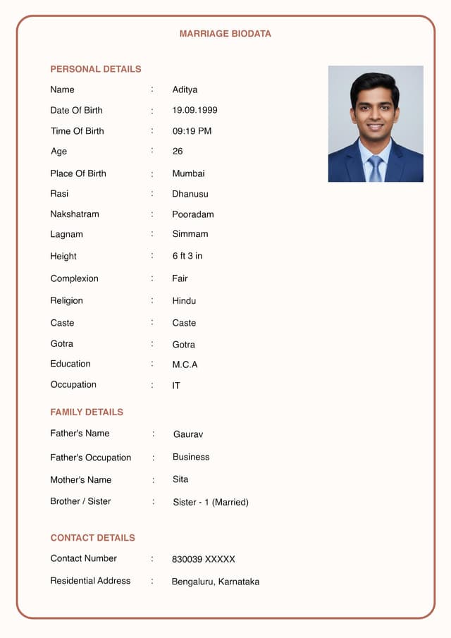 Simple marriage biodata format PDF template for boy - minimalist design