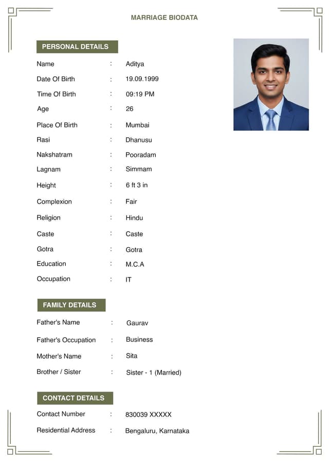 Professional marriage biodata template for boy - career-focused layout