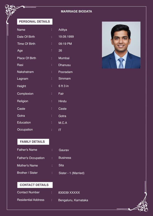 Traditional Hindu marriage biodata for boy - with Gotra and nakshatra sections